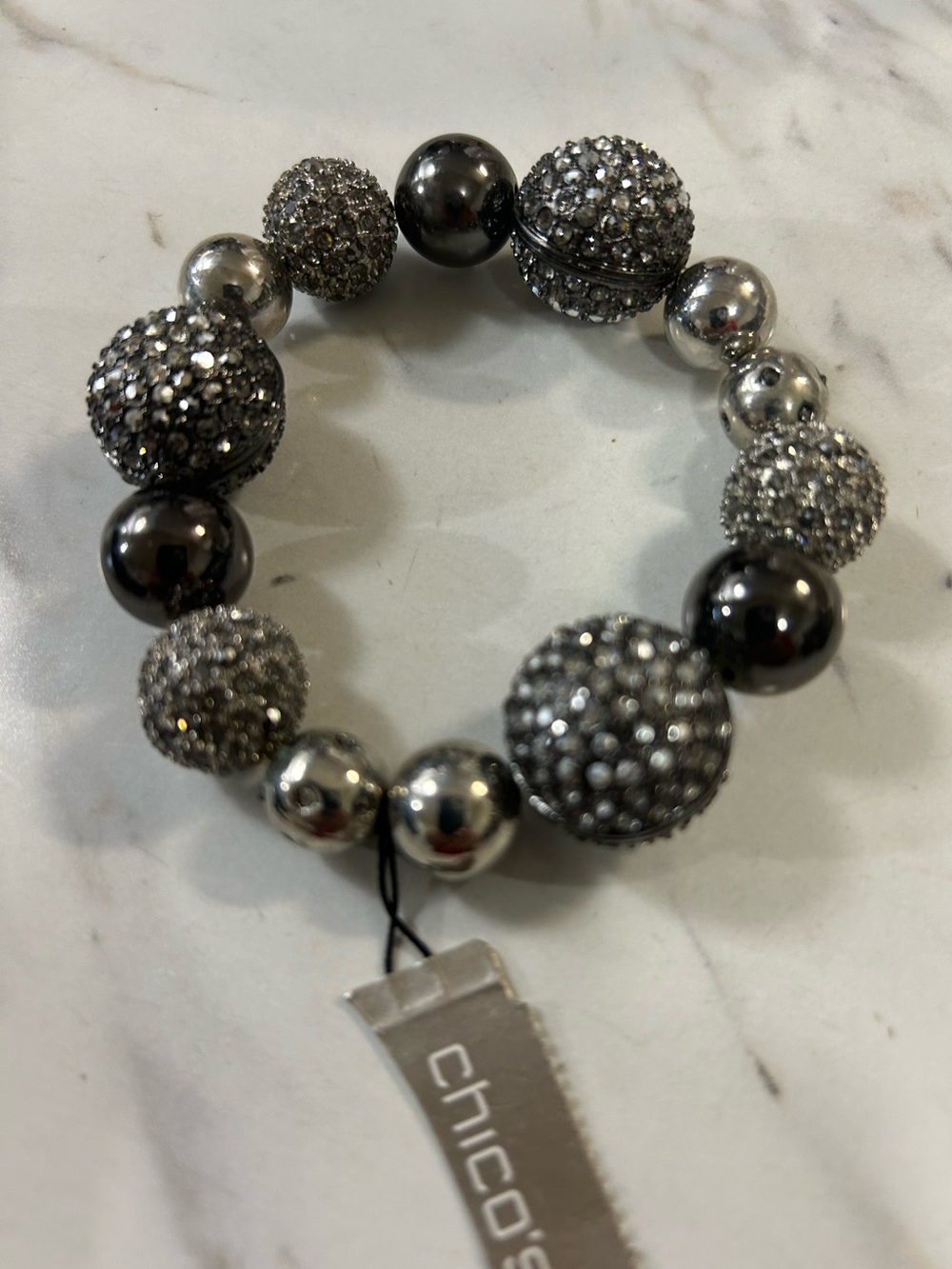 NEW! Chico's Gunmetal and Silver Pave Bead Stretch Bracelet